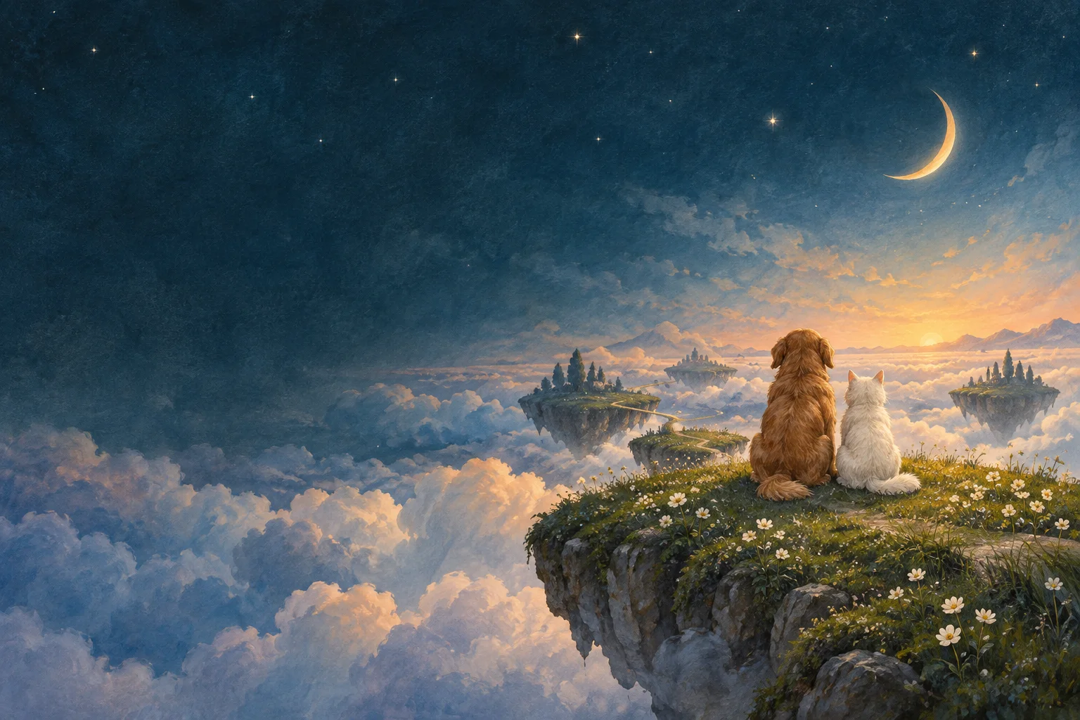 猫与狗依偎在云端草地上,望着远处的月亮 / A cat and dog watch the moon from a meadow above the clouds