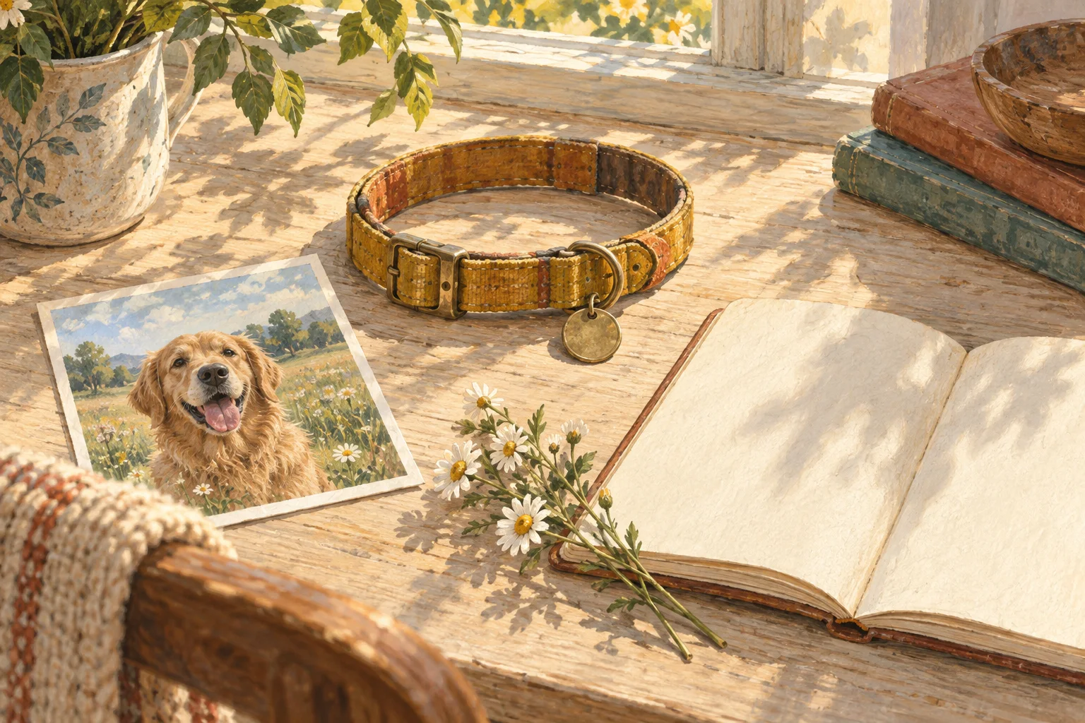 桌上的项圈、照片、空白手账与小雏菊 / A collar, photograph, notebook and daisies