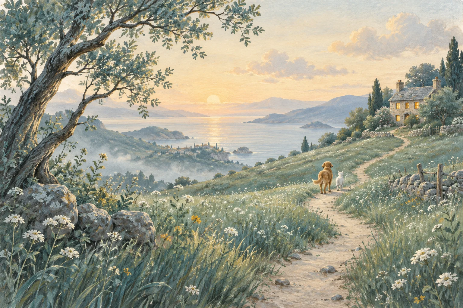 猫狗走在通向暖灯小屋的小径上 / Companions on a path to a warmly lit cottage